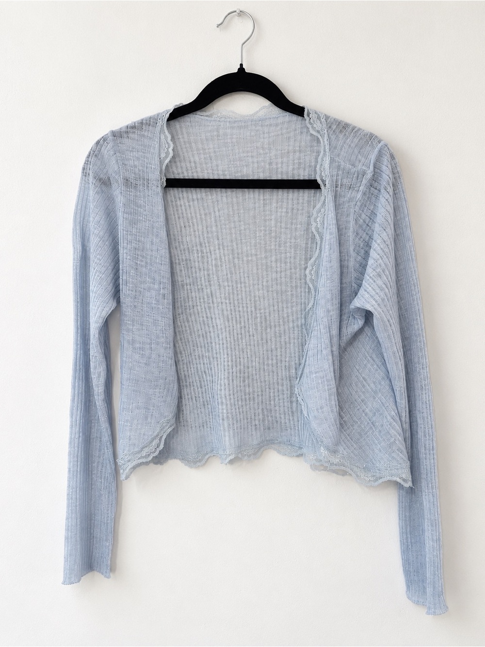 Light Blue Sheer Ribbed Cropped Cardigan Shrug, Lace Trim, Long Sleeve